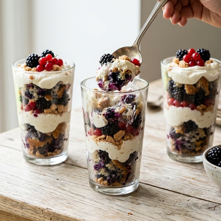 Bosbessenmuffintrifles met slagroom en amaretti