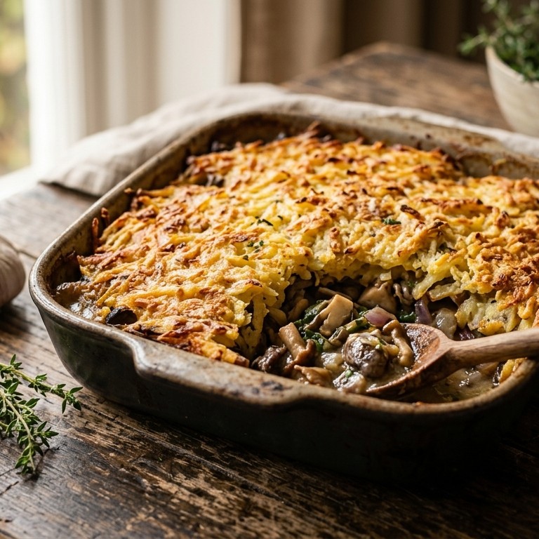 Bospaddenstoelenschotel onder een laagje rösti