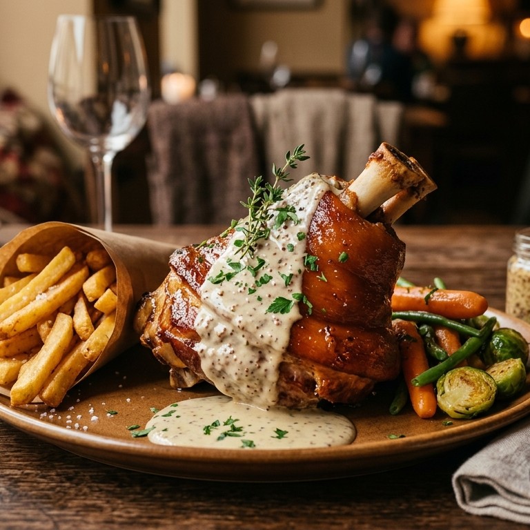 Breydelhammetje met mosterdsaus, frietjes en groentengarnituur