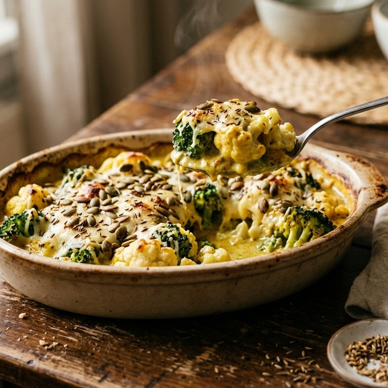 Broccoli-bloemkoolschotel met kerriesaus
