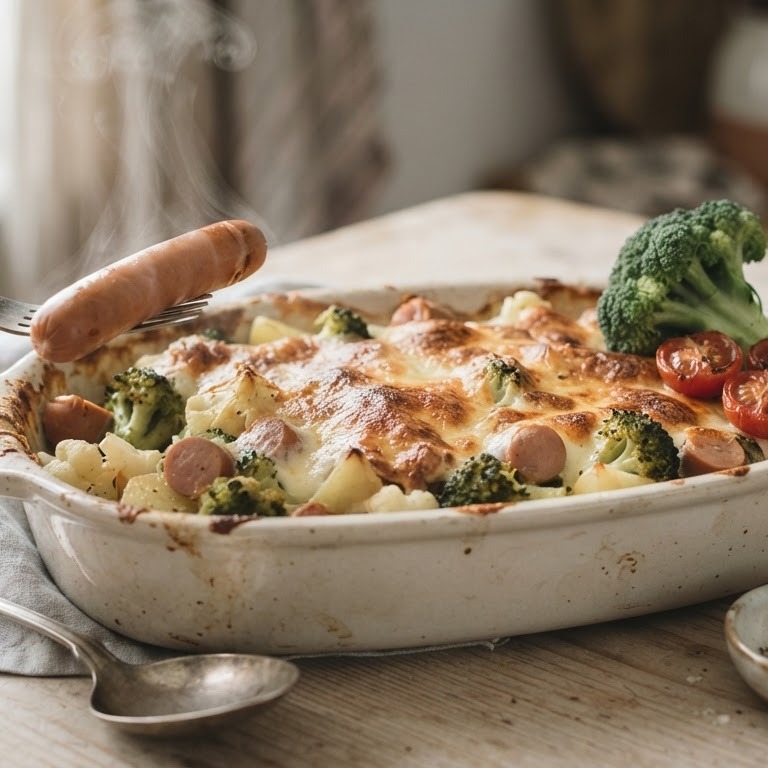 Broccoli- ovenschotel met knakworstjes