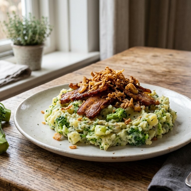 Broccolistamppot met pikante varkensreepjes