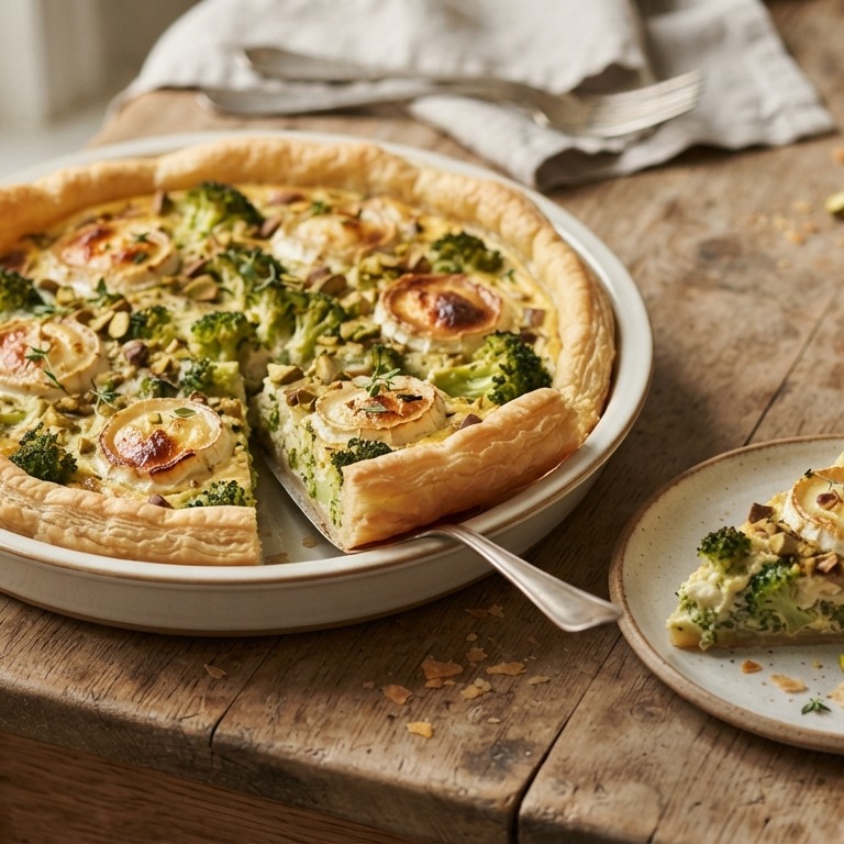 Broccolitaart met geitenkaas en pistachenoten