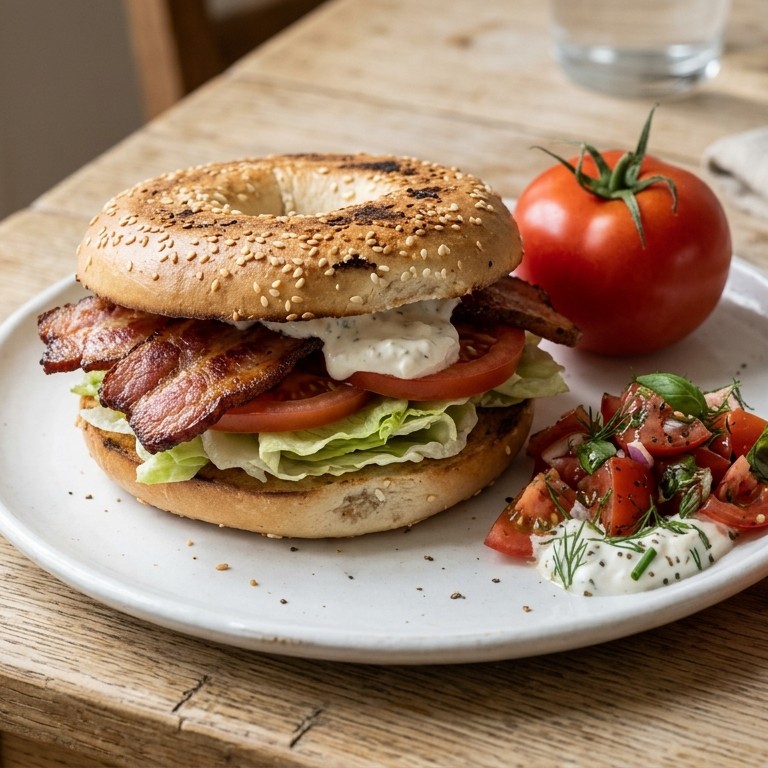 Broodje bacon met Italiaanse tomatensalade en zure room