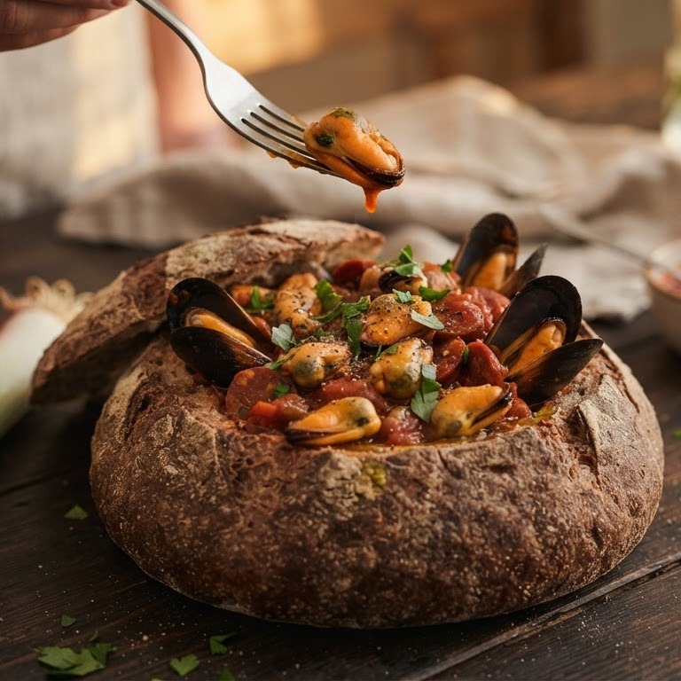Broodje gevuld met mosselen