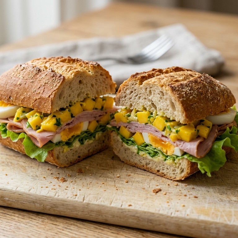 Broodje met mangosalade, boerenham en ei