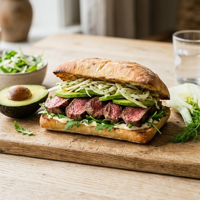 Broodje, steak met avocado-venkelsalade