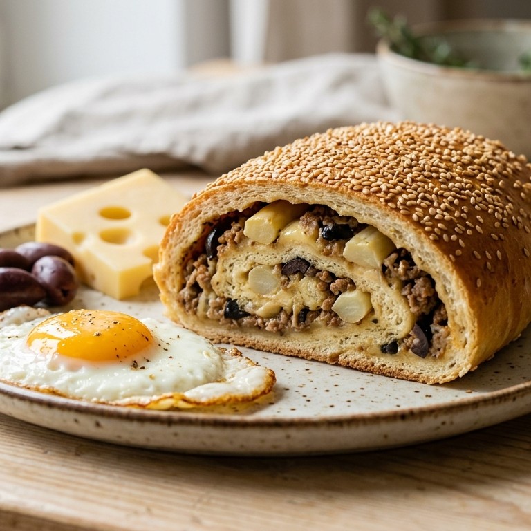 Broodrol met asperges, gehakt en gebakken ei