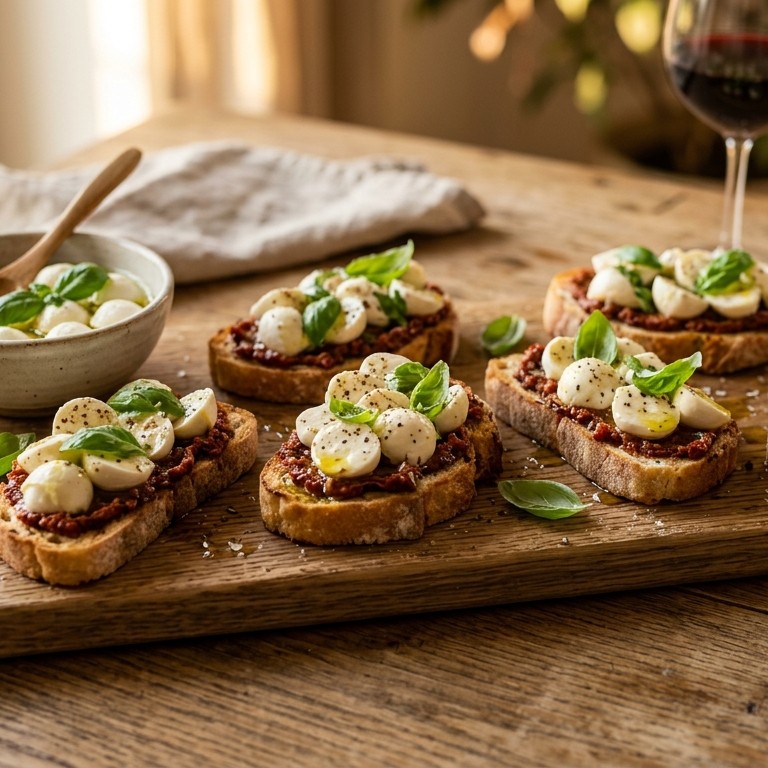 Bruchetta met bocconcini en basilicum