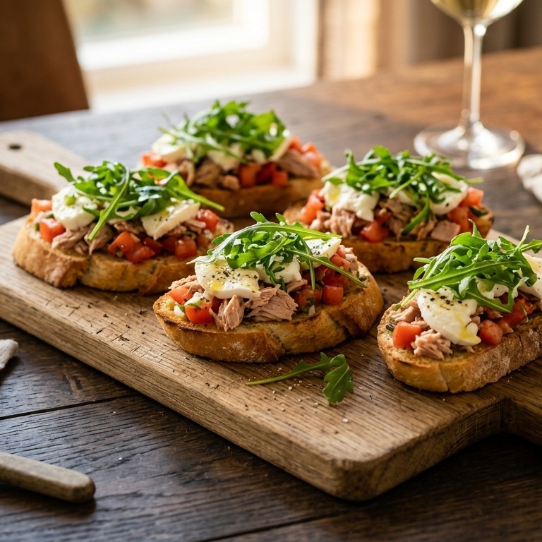 Bruchetta met tonijn, tomaten en rucola