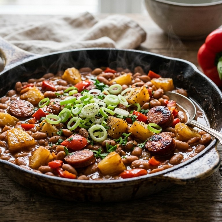 Bruine bonen met ananas, paprika en bosui