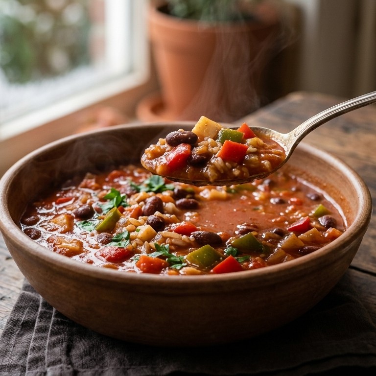 Bruine bonensoep met rode en groene paprika