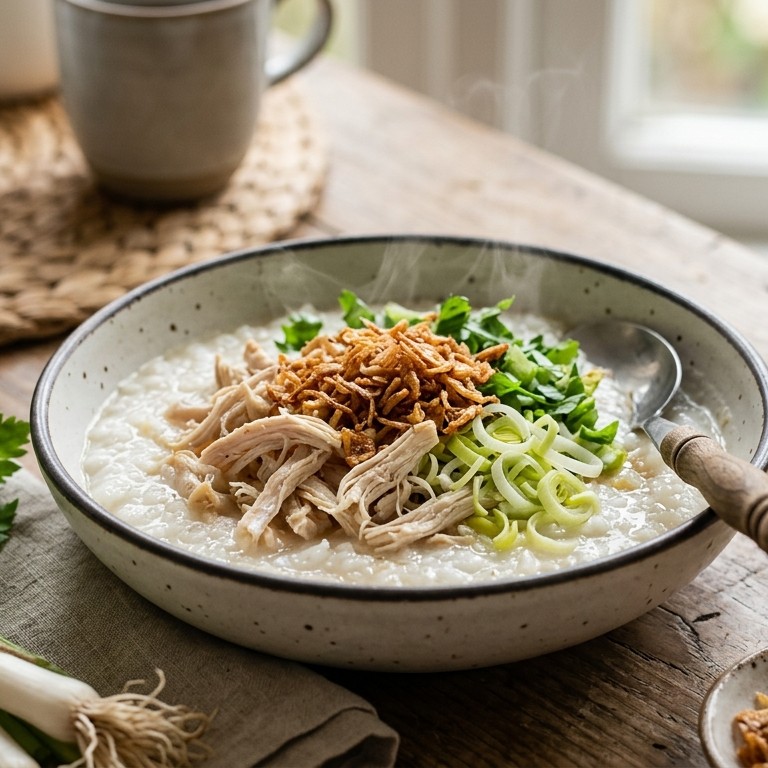 Bubur ajam (rijstepap met prei en kip)