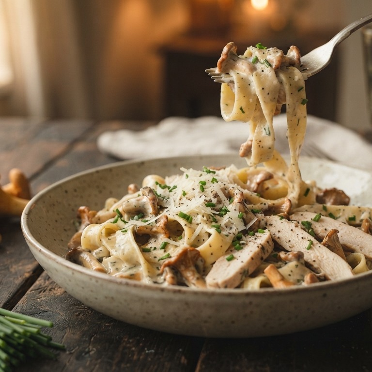 Cantharellenpasta met kipfilet