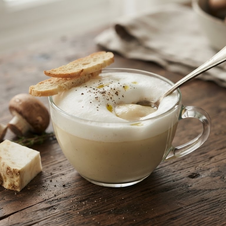 Cappuccino van knolselderij en ciabattastengels