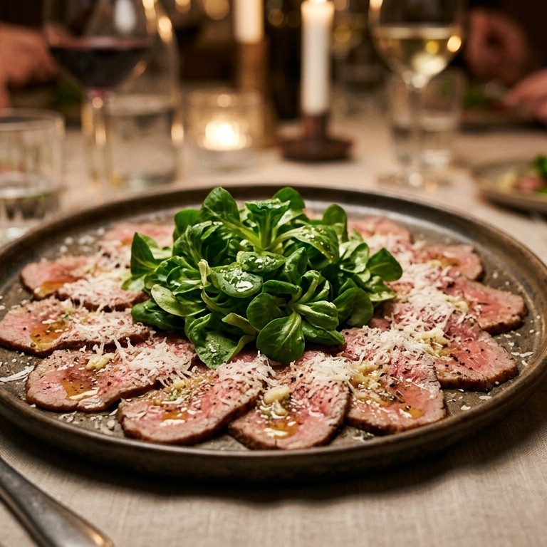 Carpaccio met knoflook, veldsla en geraspte Parmezaanse kaas