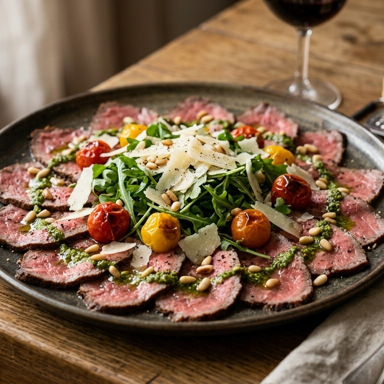 Carpaccio met rucolasla, gepofte cherrytomaatjes en verse pestodressing