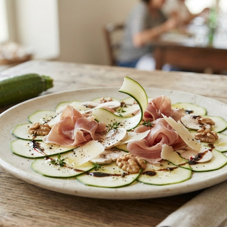 Carpaccio van courgette met rauwe ham, champignons en walnoten