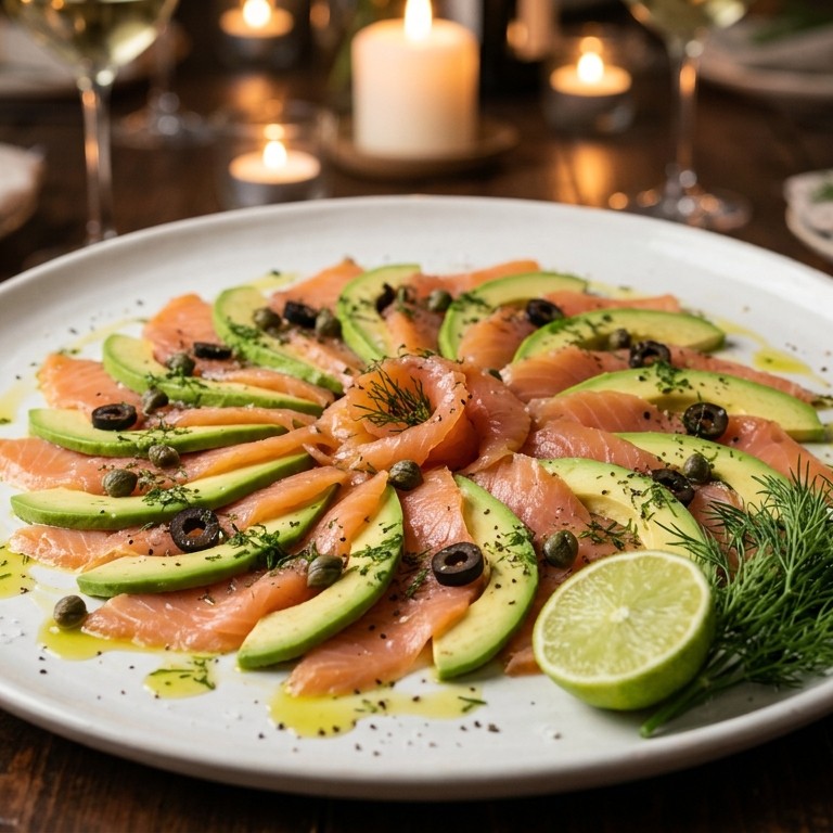 Carpaccio van gerookte zalm en avacado