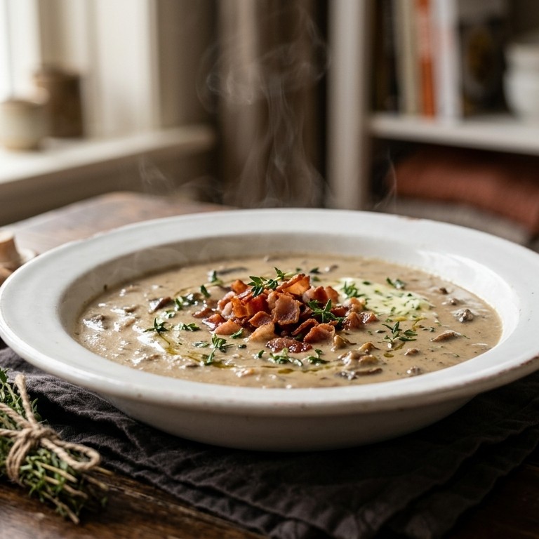 Champignon crèmesoep met kruidenkaas, spekjes en tijm