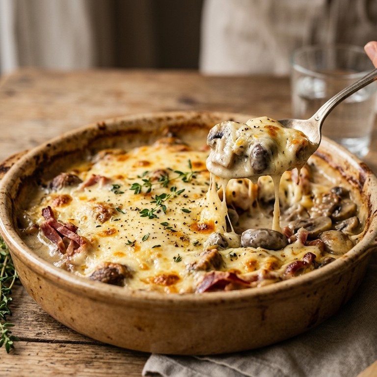 Champignongratin met ham roomsaus