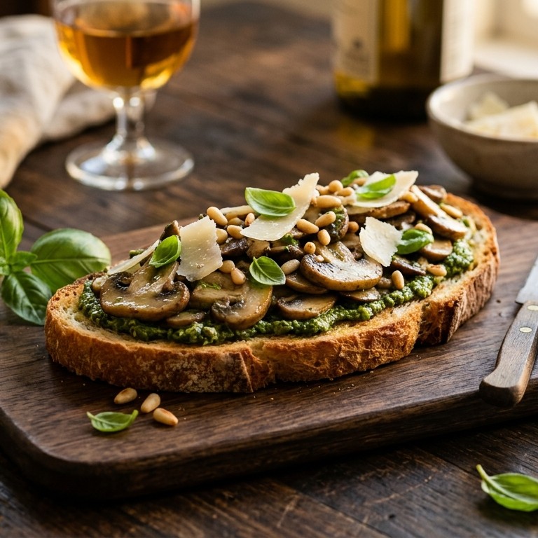 Champignons in basilicumpesto op zuurdesembrood