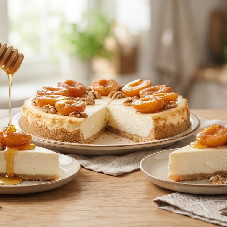 Cheesecake van zure room met honingabrikozen