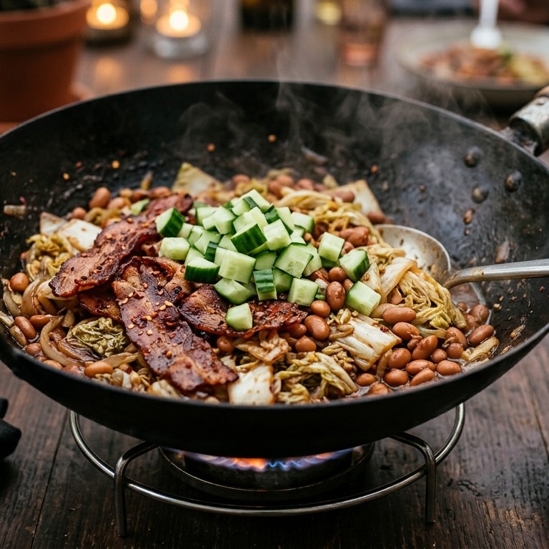 Chilischotel met komkommer en spekjes