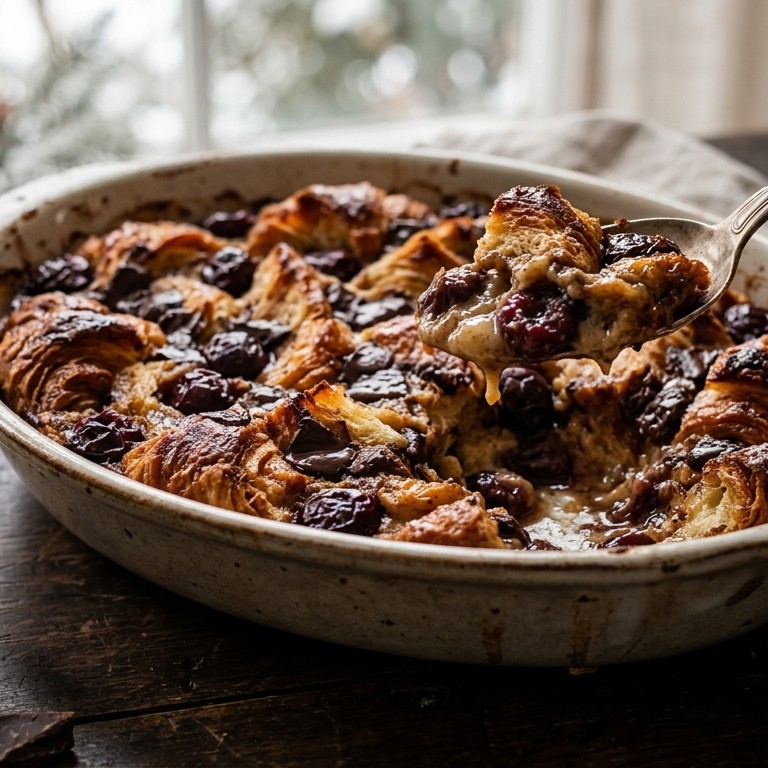 Chocolade-kersen croissantpudding