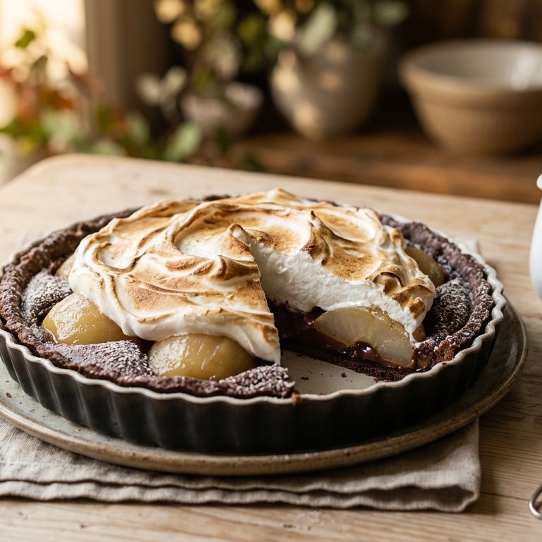 Chocolade-perentaart met schuim