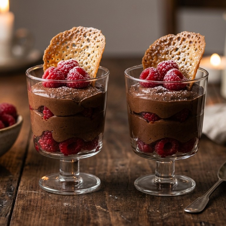 Chocolademousse met kletskoppen  en frambozen