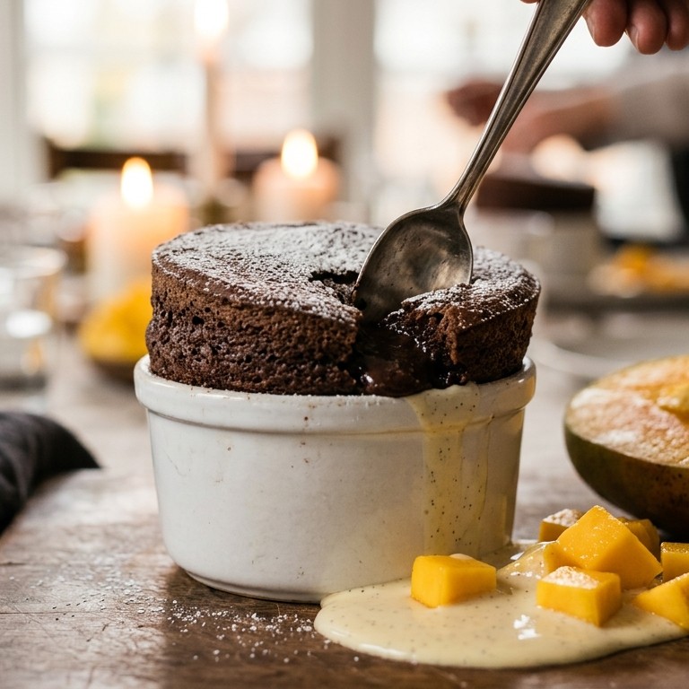 Chocoladesoufflee met vanillesaus en mango