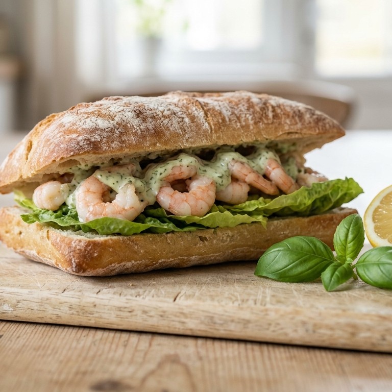Ciabatta met garnalen in basilicumsaus