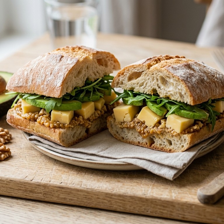 Ciabattabroodje met abdijkaas en notenspread