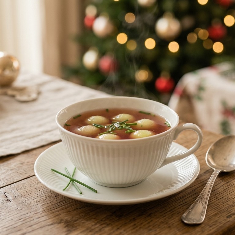Consumee van kippenbouillon, port en meloen