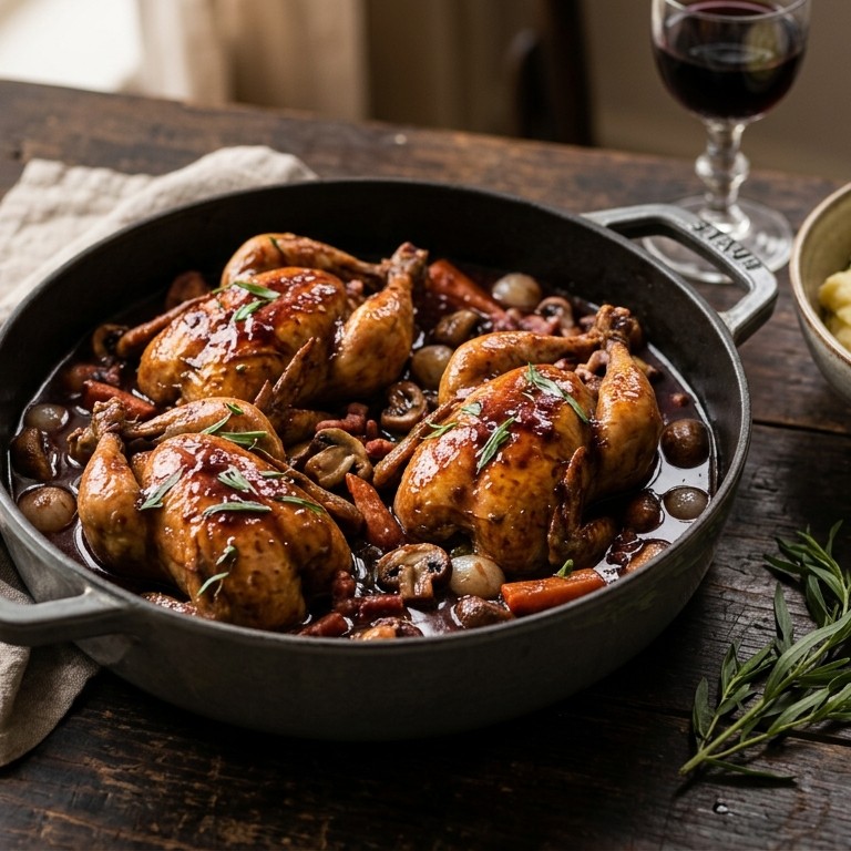 Coq au vin met worteltjes en puree