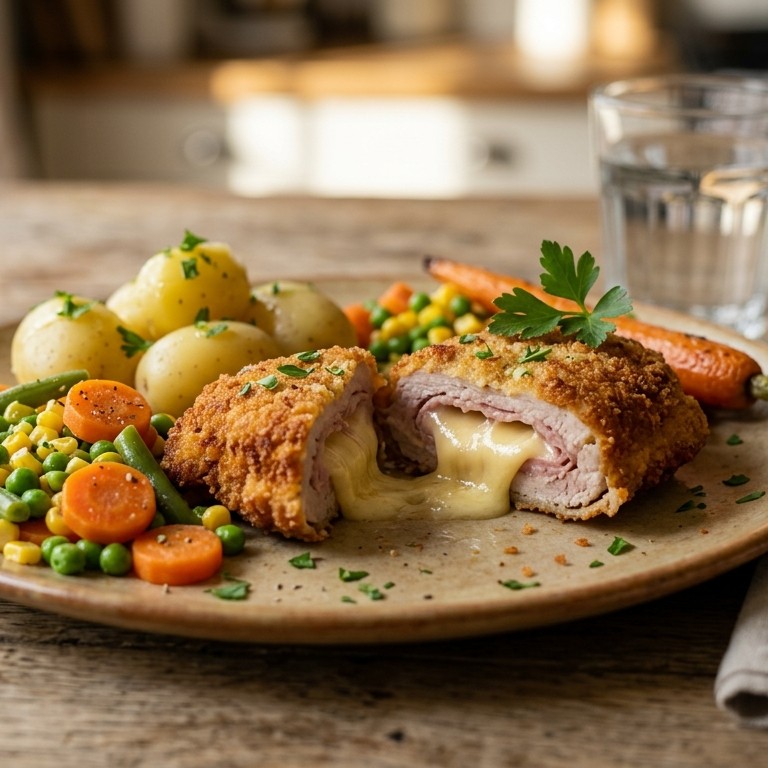 Cordon bleu met gemengde groente en aardappels