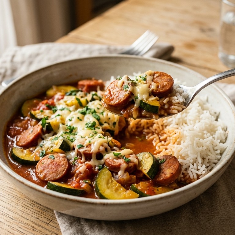 Courgette met rookworst, rijst en spagheroni