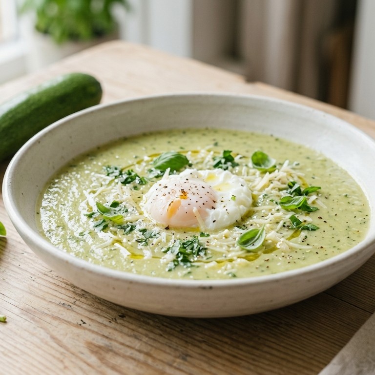 Courgettesoep met peterselie, basilicum en geraspte belegen kaas