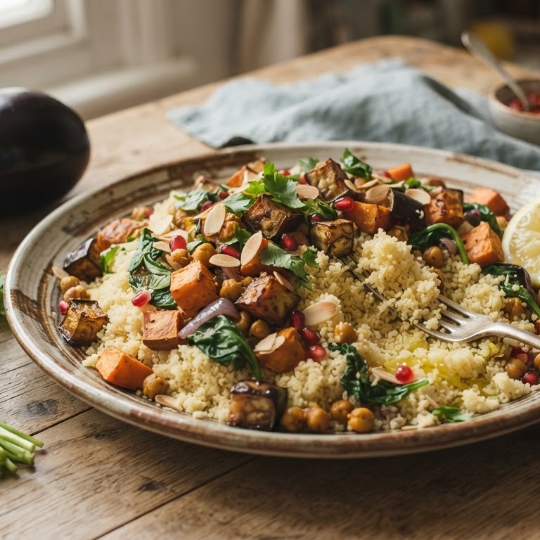 Couscous met aubergine en zoete aardappel