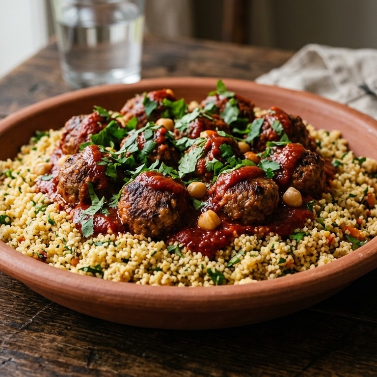 Couscous met pikante gehakt balletjes in Harrisa saus