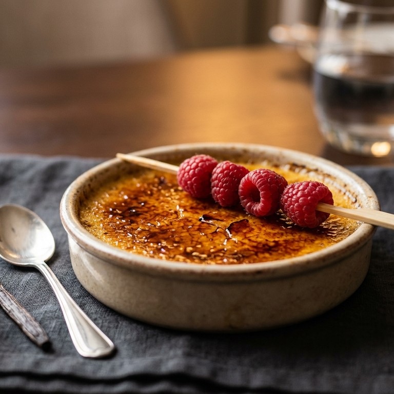 Crème brulée met frambozenspiesjes