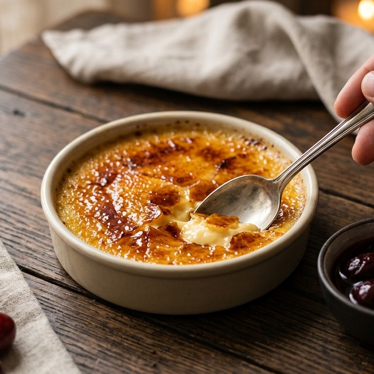 Crème brûlée met warme kersen