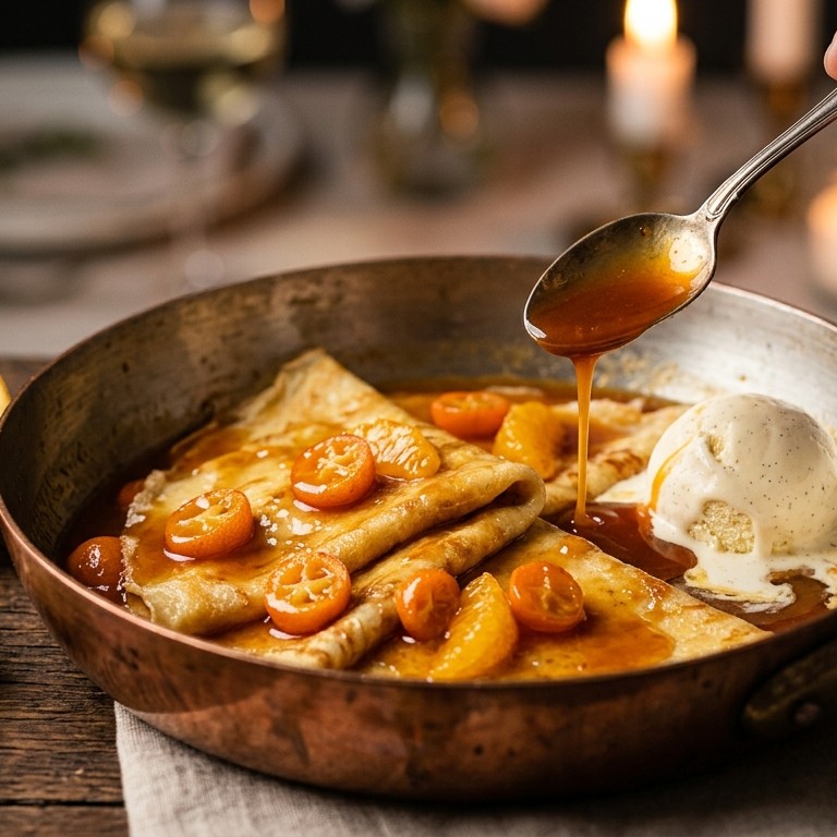 Crêpes Suzette met kumquats en vanille-ijs