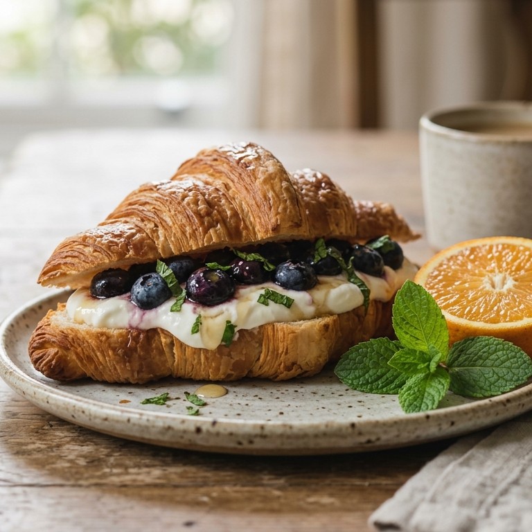 Croissant met blauwe bessen en Griekse yoghurt voor brunch