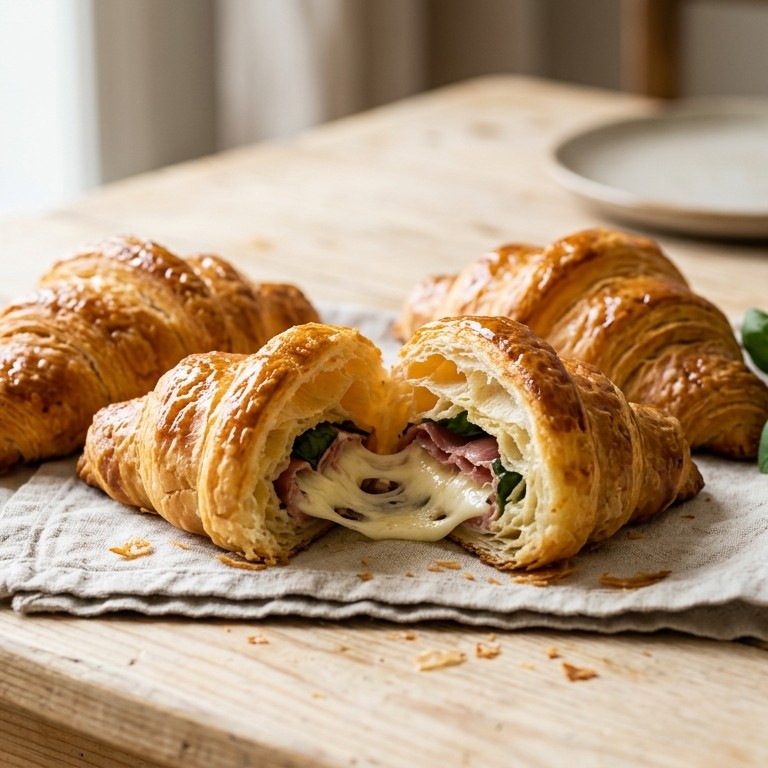 Croissants met mozzarella, ham en basilicum