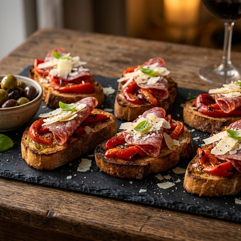 Crostini met salami, rode paprika en parmezaanse kaas