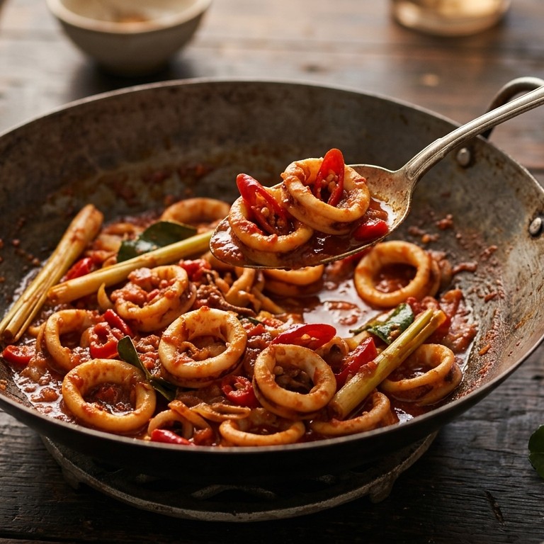 Cumi cumi padang (inktvis in een pittige zoet/zure saus)