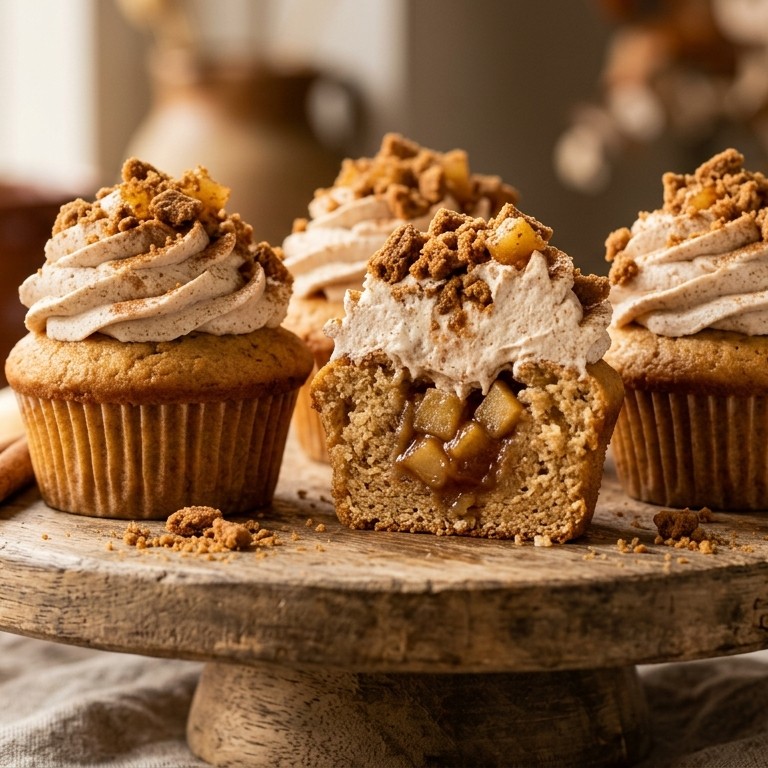 Cupcakes met gekarameliseerde appeltjes en een topping van kaneelslagroom en speculoos