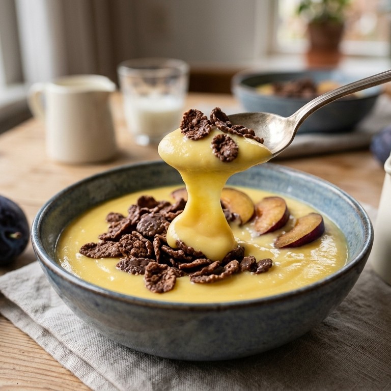 Custardpap met cornflakes en rozijnen